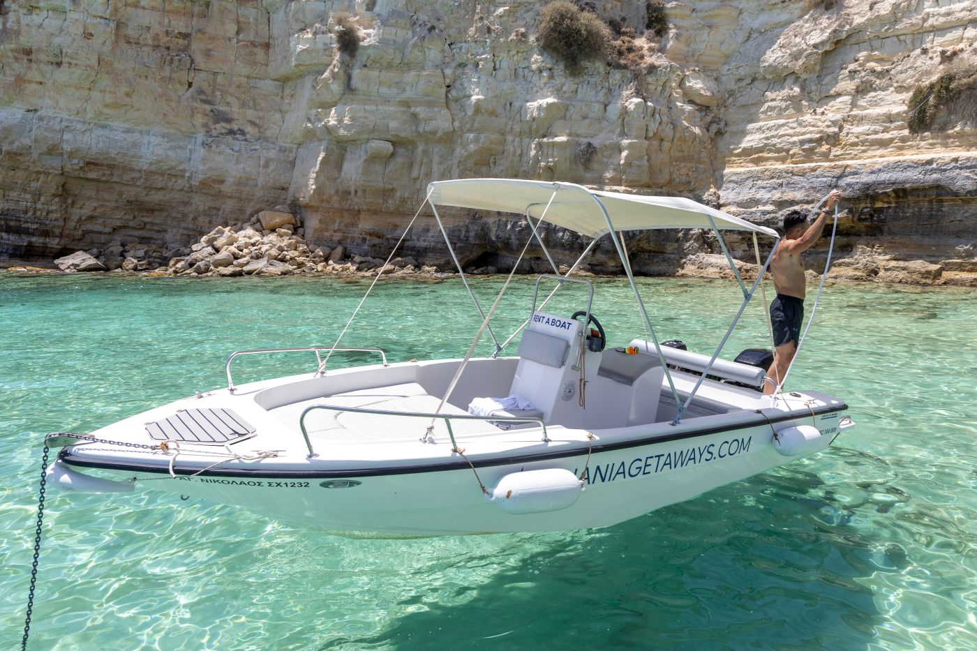 Rent a Boat 30hp without Skipper (No license needed) and Explore Seitan Limania - Crique de Souda (Kamares) - Aspra Coast - Admiral Island - Sosorides & Marathi Island