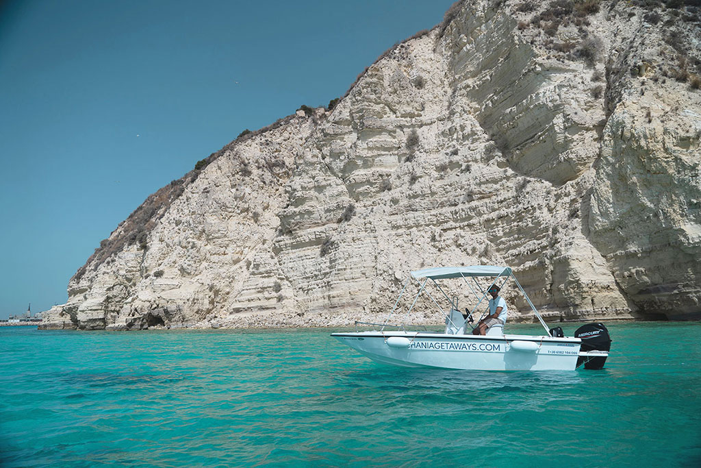 Rent a Boat 30hp without Skipper (No license needed) and Explore Seitan Limania - Crique de Souda (Kamares) - Aspra Coast - Admiral Island - Sosorides & Marathi Island