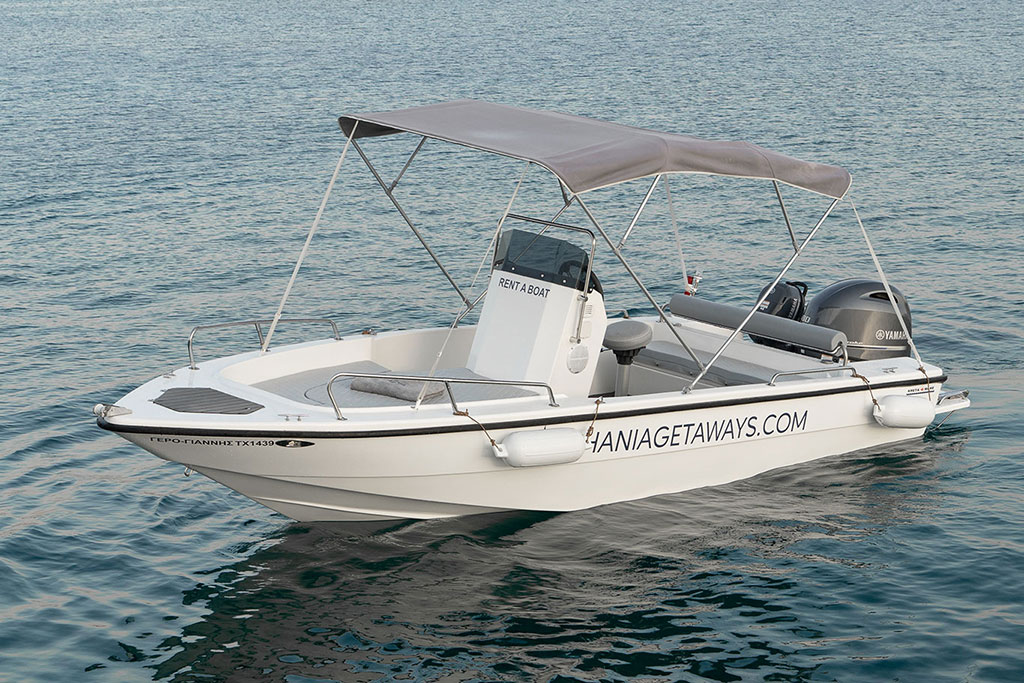 Rent a Boat 80hp with License and Explore Seitan Limania - Crique de Souda (Kamares) - Aspra Coast - Admiral Island - Sosorides & Marathi Island