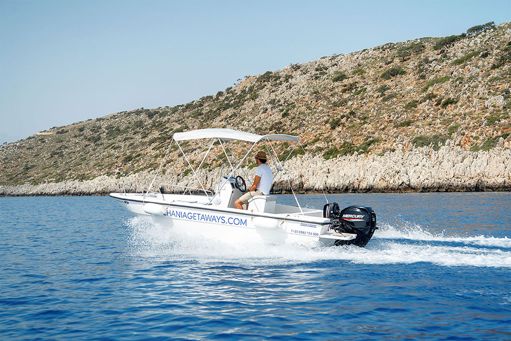 Rent a Boat 30hp without Skipper (No license needed) and Explore Seitan Limania - Crique de Souda (Kamares) - Aspra Coast - Admiral Island - Sosorides & Marathi Island