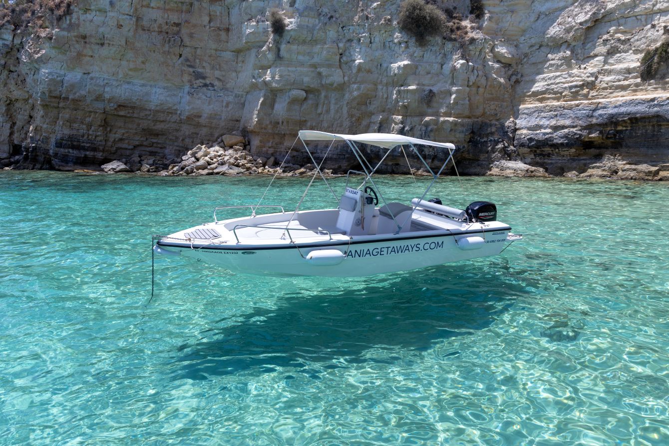 Rent a Boat 30hp without Skipper (No license needed) and Explore Seitan Limania - Crique de Souda (Kamares) - Aspra Coast - Admiral Island - Sosorides & Marathi Island