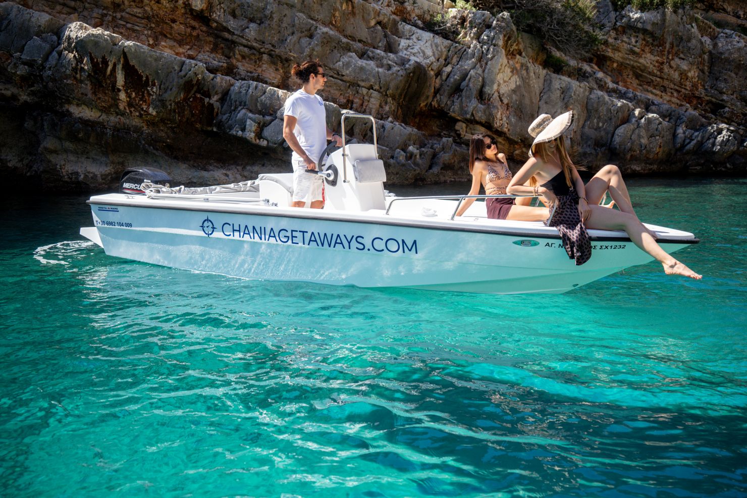 Rent a Boat 30hp without Skipper (No license needed) and Explore Seitan Limania - Crique de Souda (Kamares) - Aspra Coast - Admiral Island - Sosorides & Marathi Island