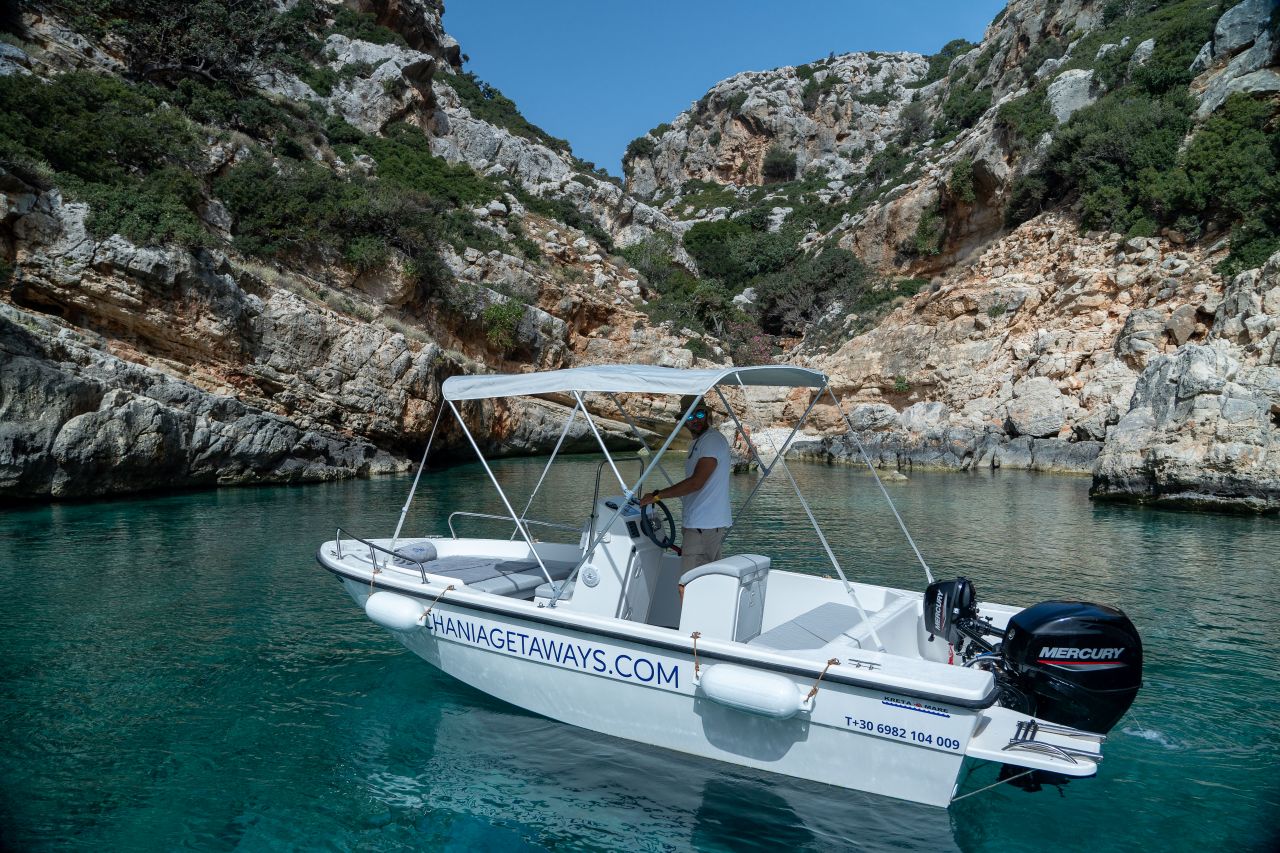 Rent a Boat 30hp without Skipper (No license needed) and Explore Seitan Limania - Crique de Souda (Kamares) - Aspra Coast - Admiral Island - Sosorides & Marathi Island