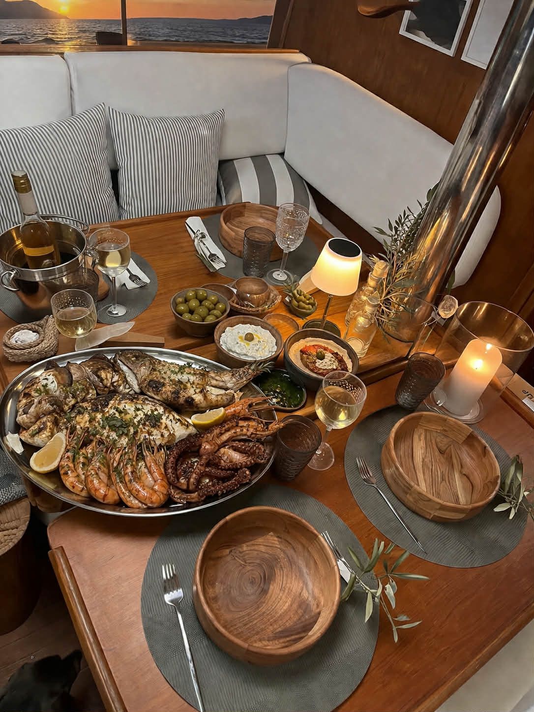 Dine & Wine on a moored Sailboat at Heraklion marina