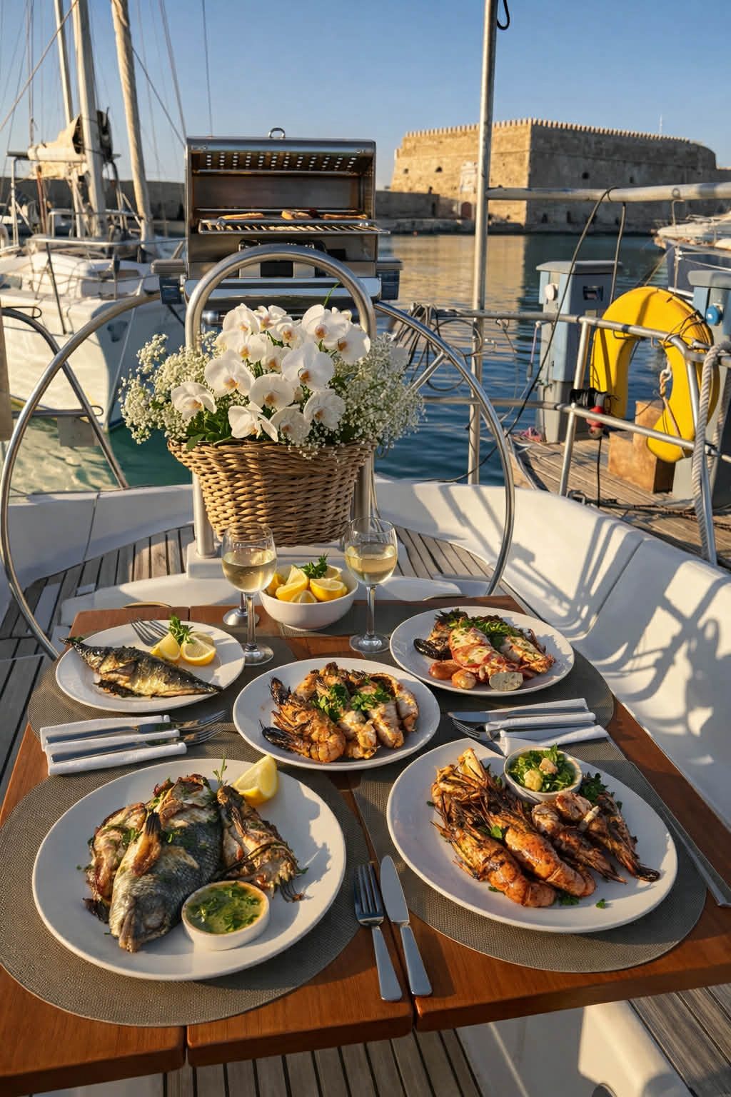 Dine & Wine on a moored Sailboat at Heraklion marina