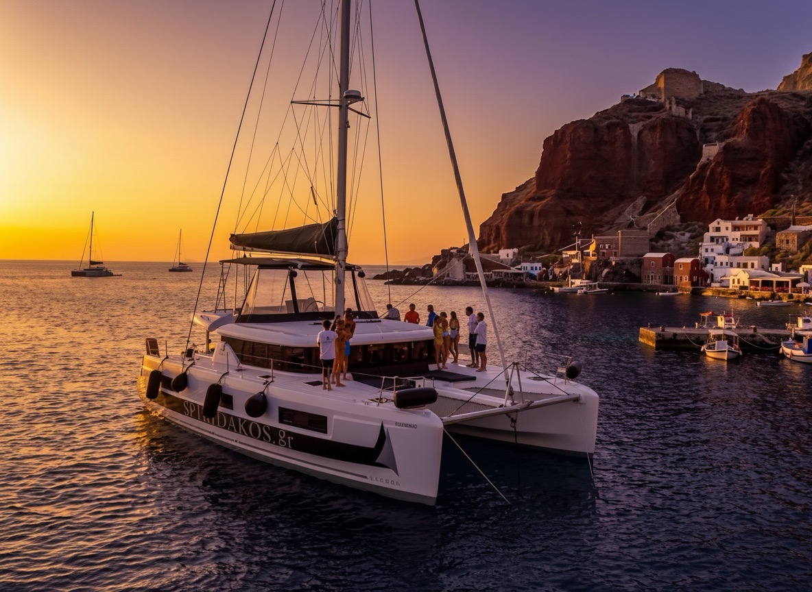 Catamaran Semi-Private Sunset Premium Ammoudi Cruise with BBQ, Open Bar & Transfers