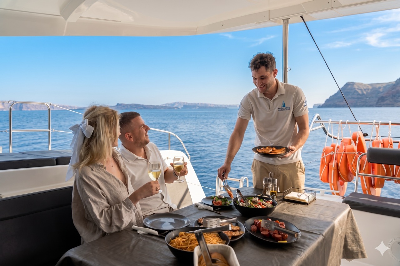 Catamaran Semi-Private Sunset Premium Ammoudi Cruise with BBQ, Open Bar & Transfers